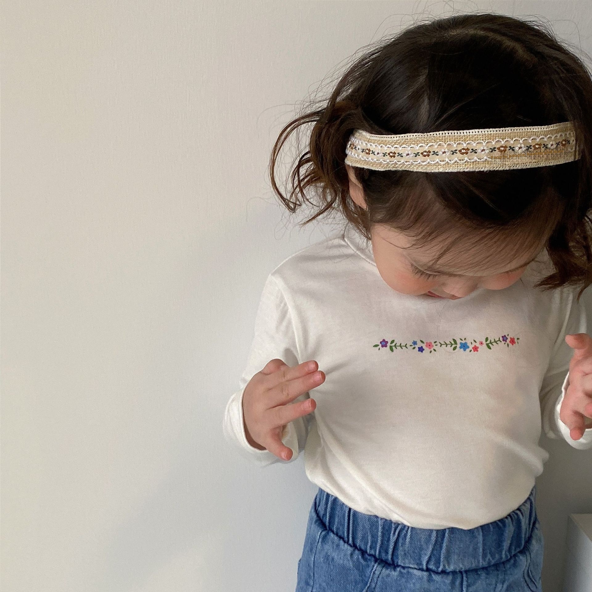 Laibaobao Spring Korean Children's Clothing Korean Round Neck Thin Simple Cotton Girls Bottoming Shirt Top