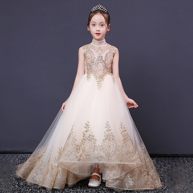 Children's Evening Dress Flower Girl Piano Performance Costume Little Host Birthday Catwalk Fluffy Yarn Trailing Model Princess Dress