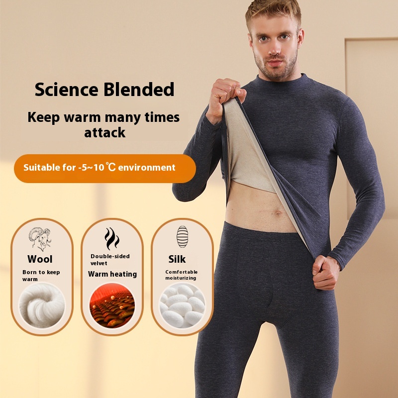 Cashmere Silk Plus Velvet Thickened Thermal Underwear Men's Suit Half Turtleneck Fever Middle-aged And Elderly German Velvet Warm Clothing Winter