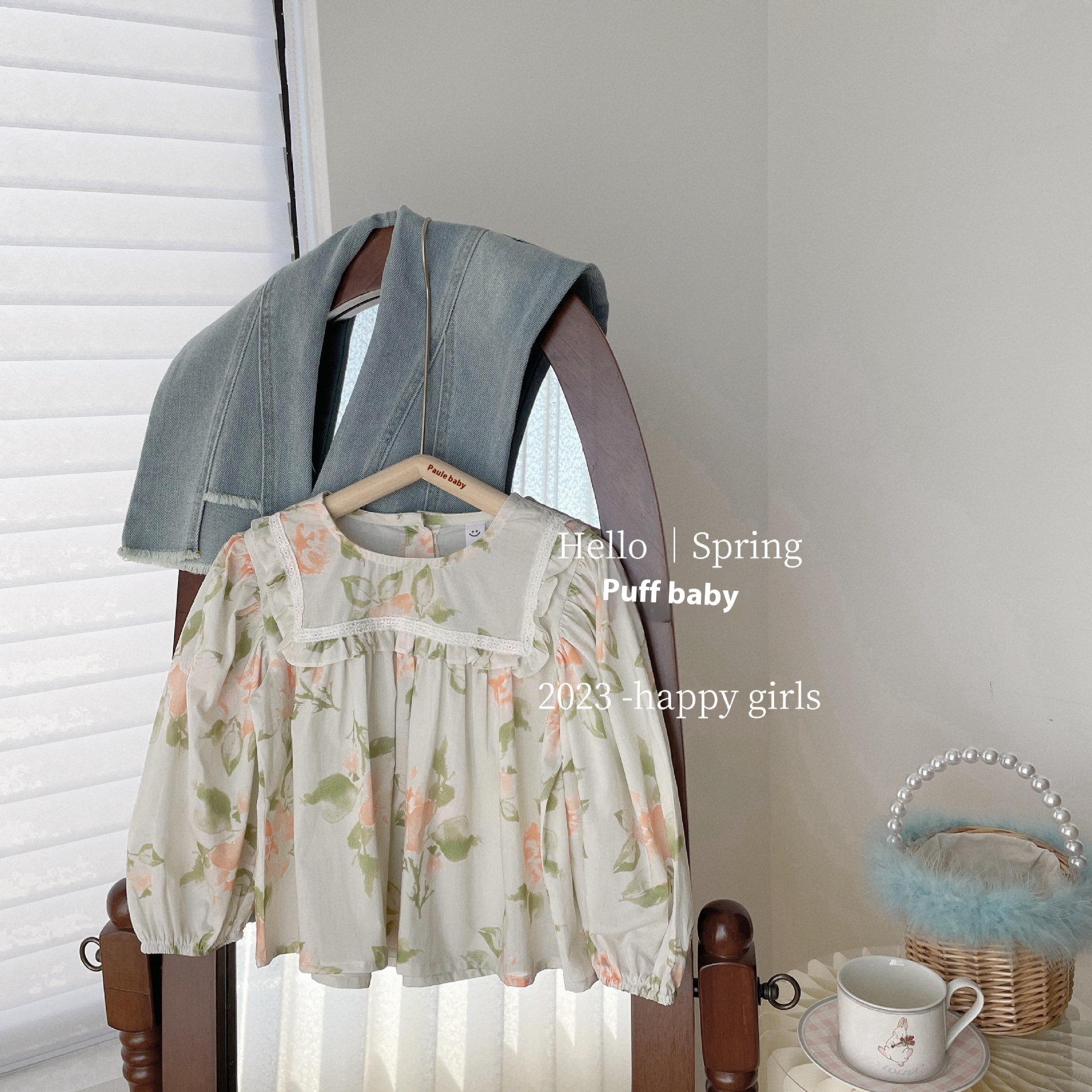 Korean Children's Clothing Girls Spring Suit Baby Stylish Flower Shirt Top Denim Flared Pants Two-piece Suit