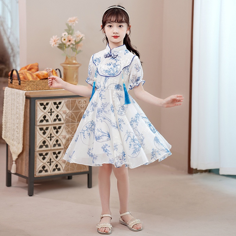 Girls Modified Cheongsam Little Girl Summer Retro Dress Children's Tang Suit Princess Dress Hanfu Summer