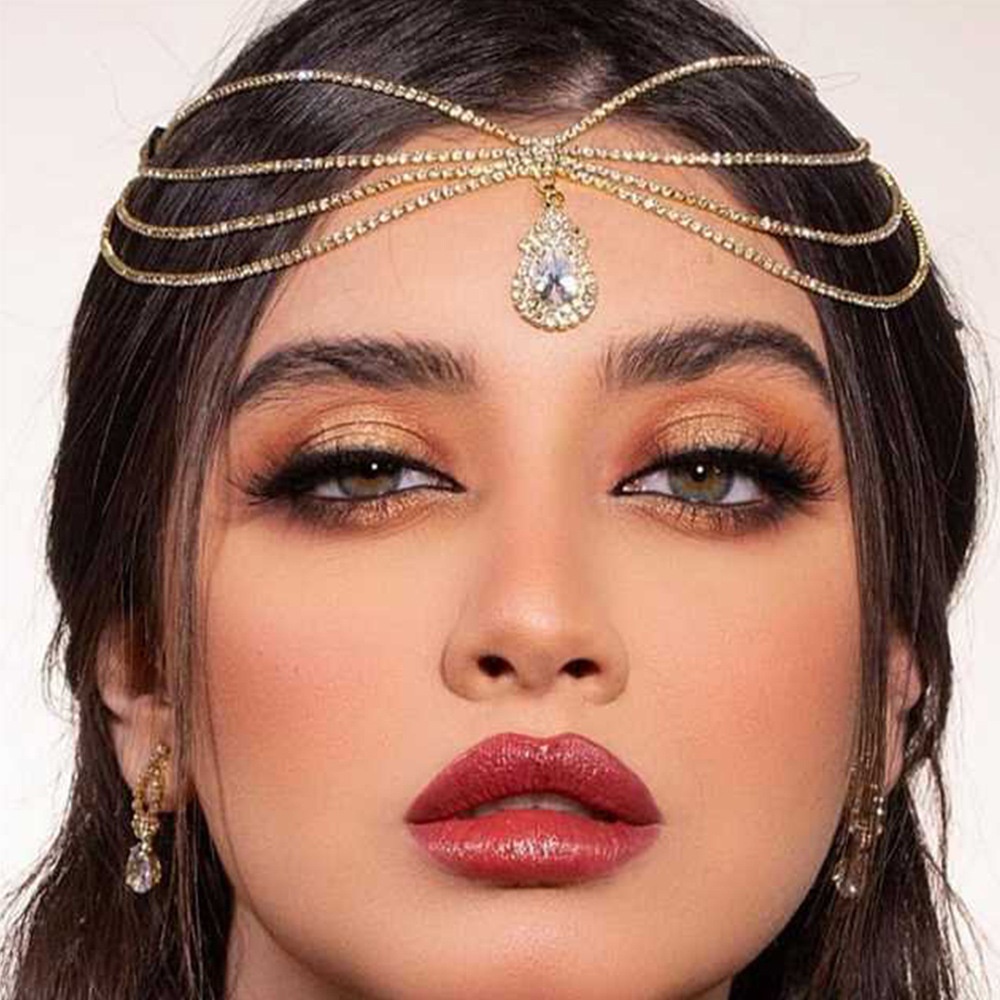 European And American Multi-layer Water Drop Headdress Bohemian Style Fashion Water Drop Shiny Rhinestone Bridal Hair Chain Forehead Decoration Chain