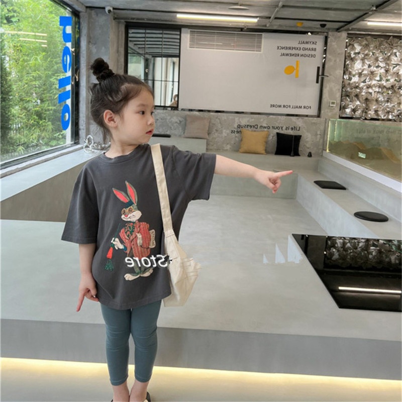 Girls Summer Short-sleeved T-shirt Baby Internet Celebrity Fashionable Children's Personality Brand Hong Kong Style Retro Cartoon Half-sleeved Top