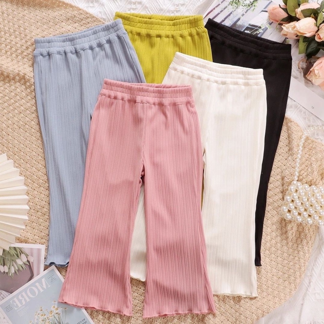 Girls Summer Bell-bottom Pants Baby Stylish Children's Personality Net Celebrity Ice Silk Wood Ear Edge Ribbed Wide-leg Mosquito-proof Pants