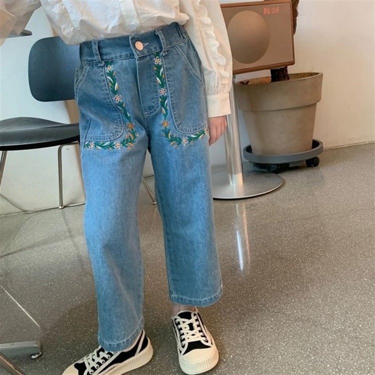 Girls Jeans Spring Style Girls Straight Embroidered Jeans Children's Fashionable Pants Baby Trousers