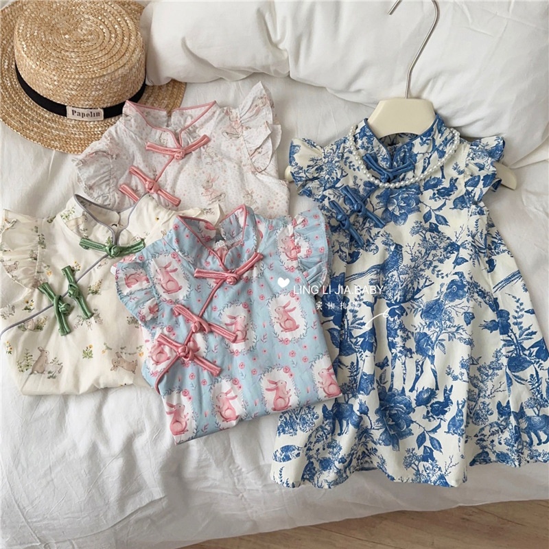 Chinese Dress For Girls Summer Style Children's Sweet And Fresh Improved National Style Button Cheongsam Skirt