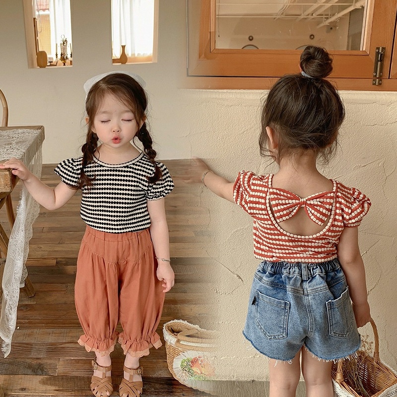 Summer Girls Short-sleeved T-shirt Baby Internet Celebrityy Children's Personality Korean Version Of The Butterfly Backless Striped Top