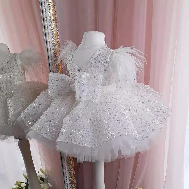 Sequined White Princess Dress For Small And Medium-sized Children High-end Bow Tutu Skirt Children's Birthday Party Evening Dress