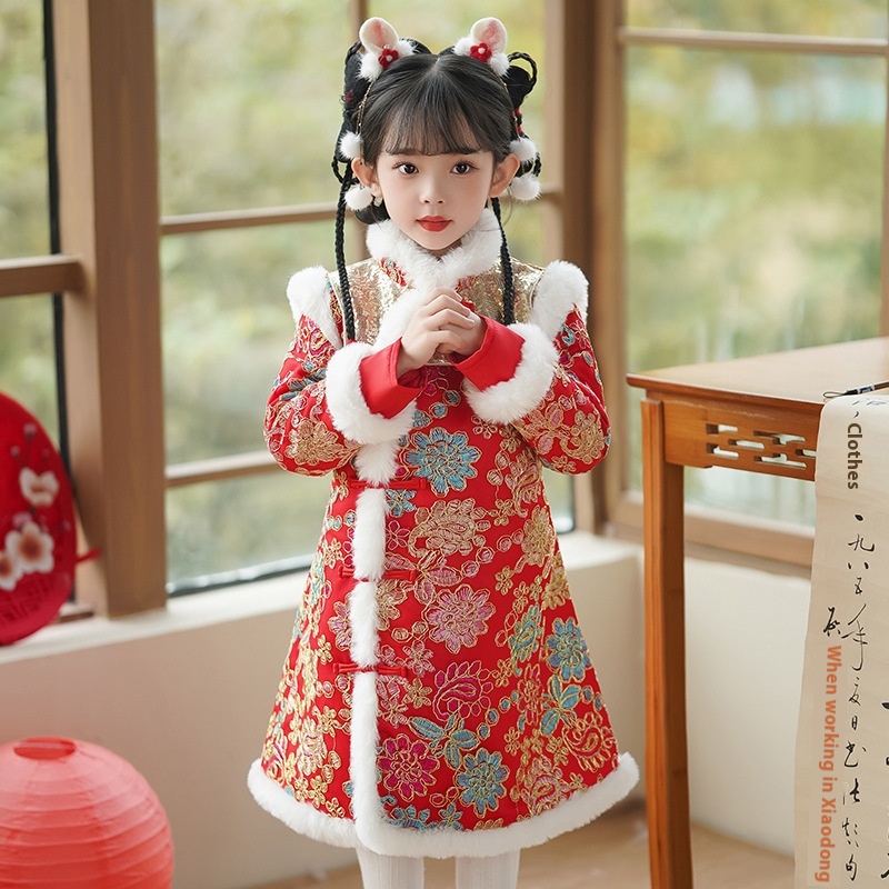 Girls Hanfu Dress Winter Chinese Style Children's Tang Suit Little Girl Plus Velvet Thickened Year's Celebration Dress