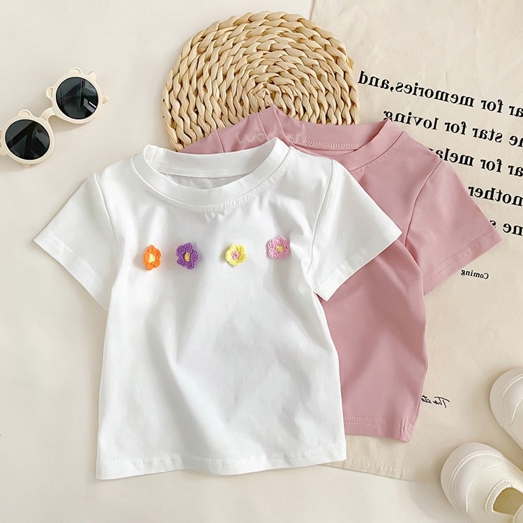 Girls Summer Short-sleeved T-shirt Baby Stylish Children's Personalityy Korean Version Of Three-dimensional Flowers Internet Celebrity Fashionable Tops
