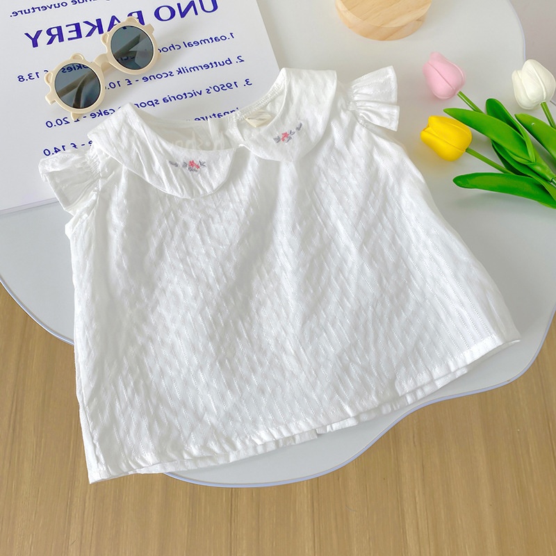 Summer Girls Short-sleeved Shirt Baby Stylish Children's Personality Korean Version Embroidered Flower Doll Collar White Shirt