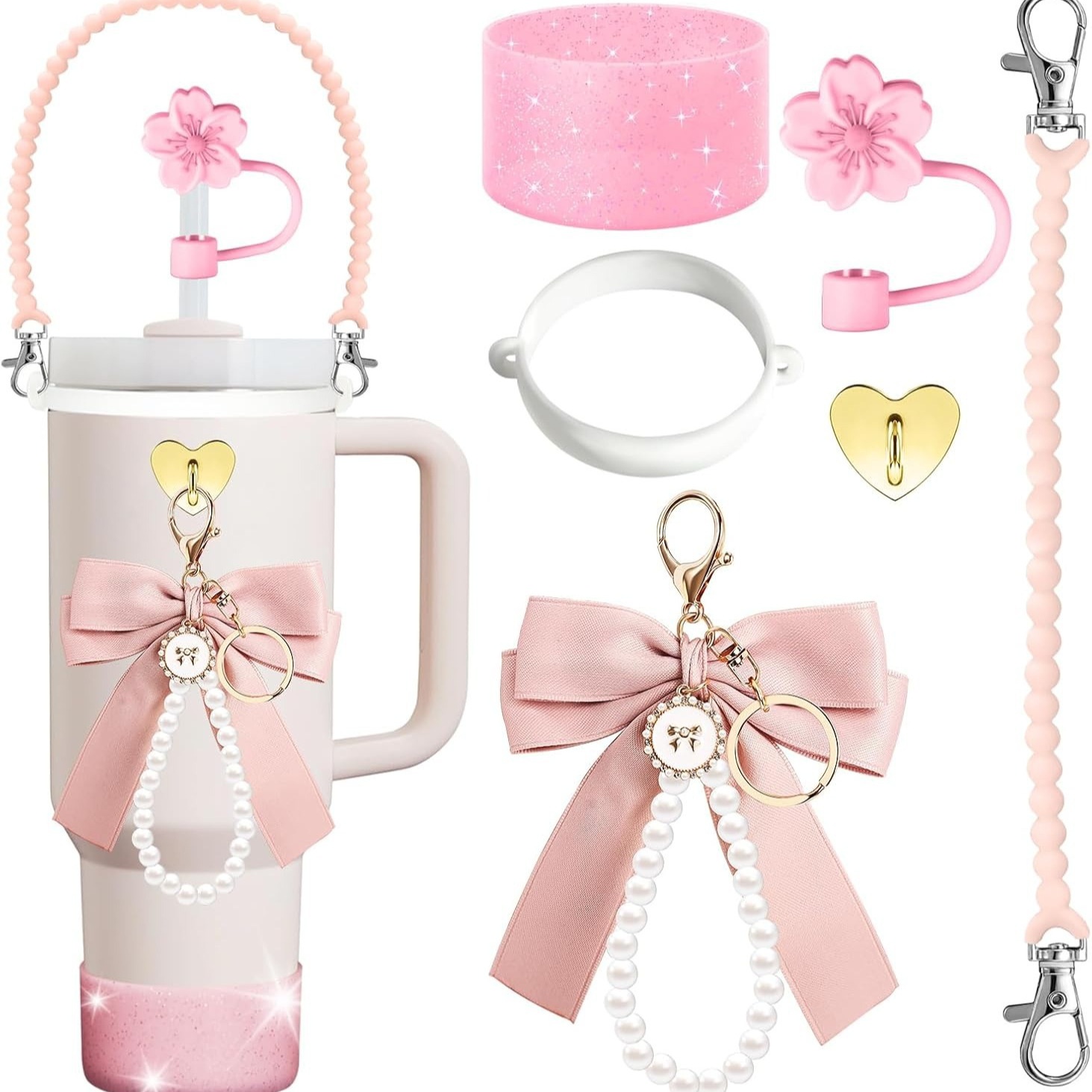 Stanley Cup Accessories Set Pink Ribbon Bow Pendant Keychain Accessories Water Cup Hand Rope