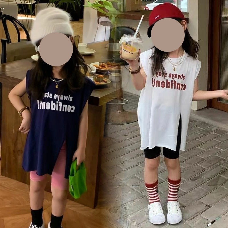 Girls Summer Short-sleeved T-shirt Baby Internet Celebrity Stylish Children's Personality Korean Version Letter Split Mid-length Top