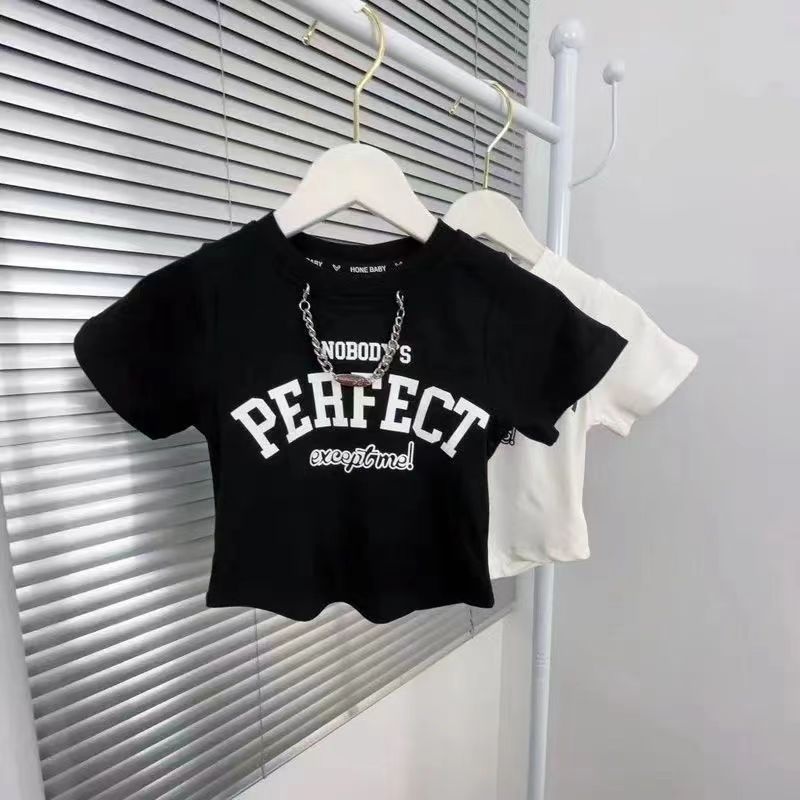 Summer Girls Short-sleeved T-shirt Baby Stylish Children's Personalityy Korean Version Of The Letter With Chain Hong Kong Style Fashionable Top