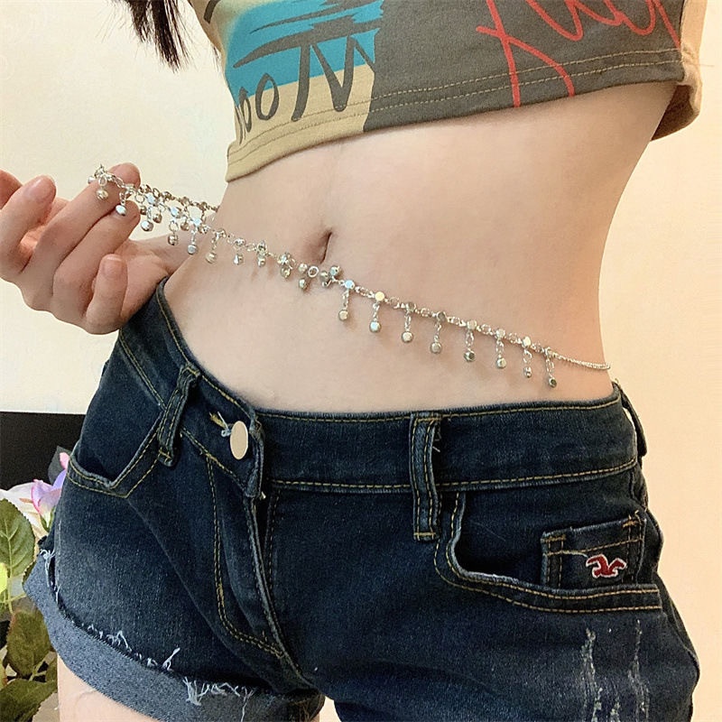 Personality Fashion Diamond Waist Ornaments Sexy Beach Bikini Body Chain Simple Rhinestone Tassel Single Layer Waist Chain Accessories
