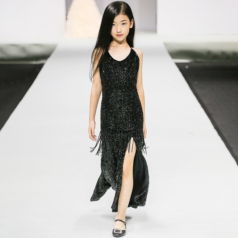 Children's Dress Girls Black Performance Dress Fashion Slit Latin Fishtail Catwalk Dress For Middle And Large Children