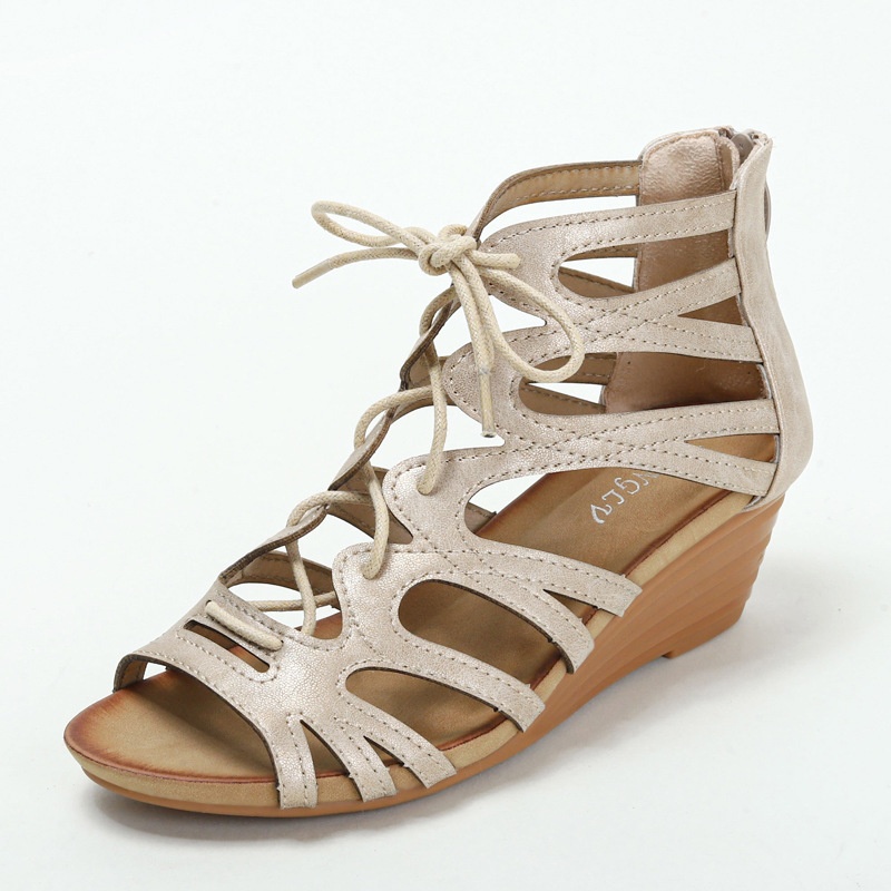 Roman Shoes Women's Summer Mid-heel Retro Fish Mouth Ethnic Style Wedge Sandals309-173