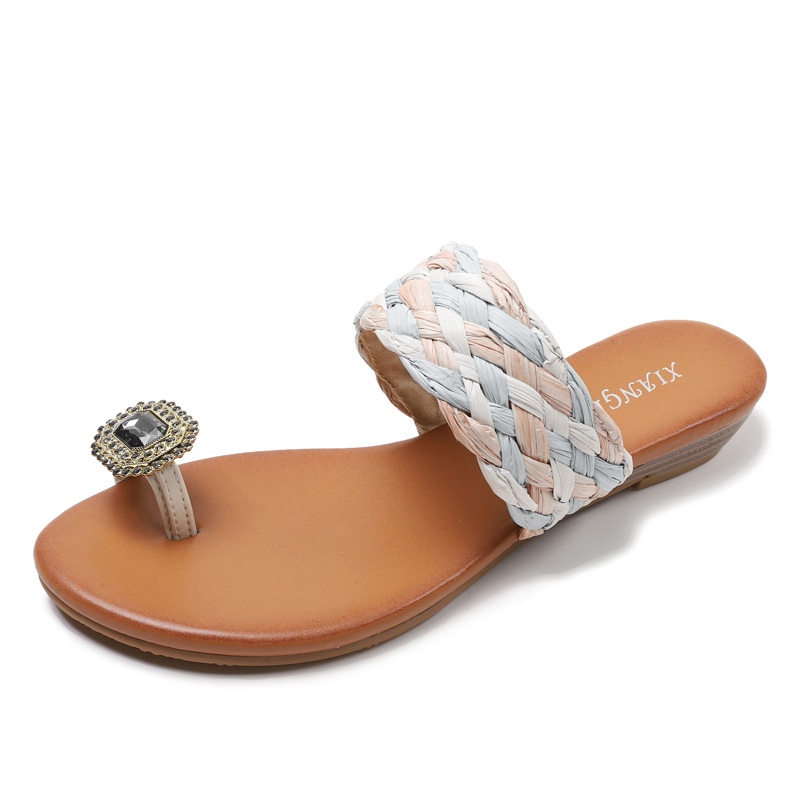 Toe-toe Slippers Woven Bohemian Rhinestone Holiday Beach Shoes