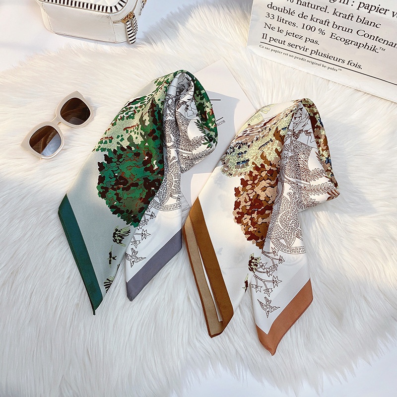 Spring And Summer Silk Scarf Small Square Scarf Fashion Sweet Simulation Silk Scarf Retro Curled Edge Printed Small Scarf For Women