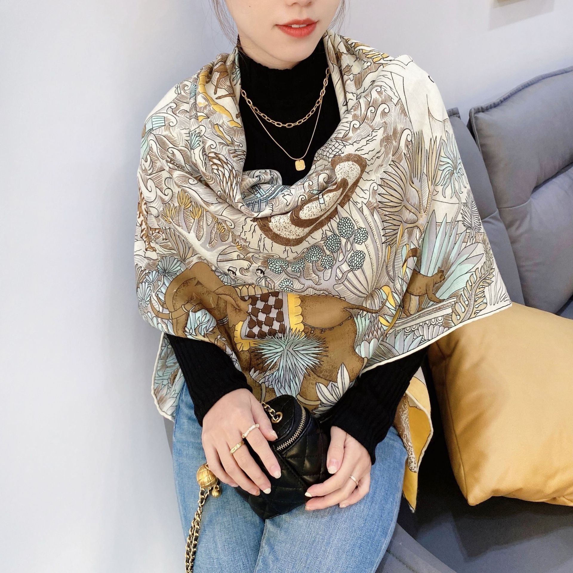 Spring And Summer Scarf130cm Decorative Shawl Printed Large Square Scarf Fashionable And Versatile Korean Hot-selling Scarf
