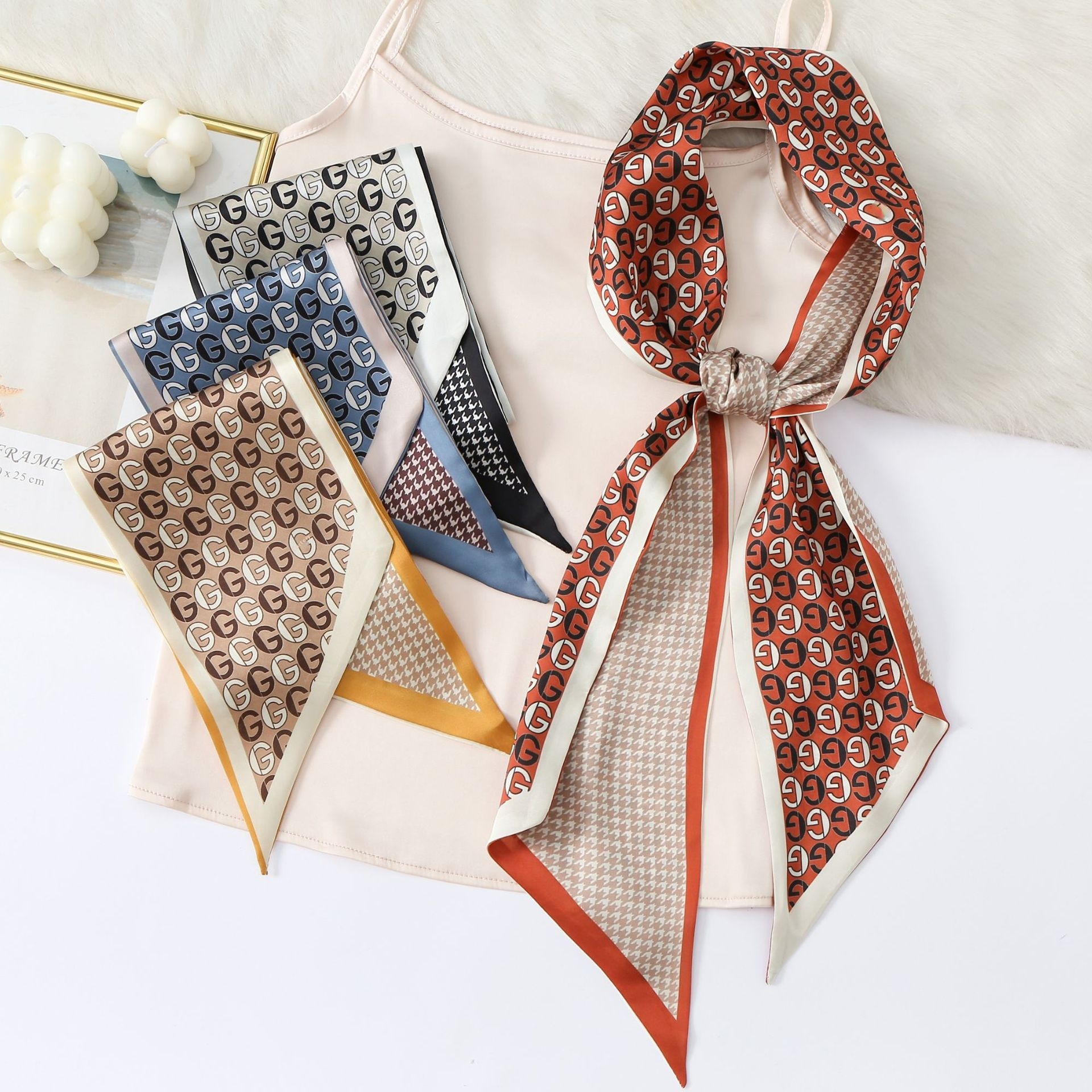 Retro French Long Silk Scarf For Women Summer Letter Imitation Silk Professional Ladies Scarf Decoration