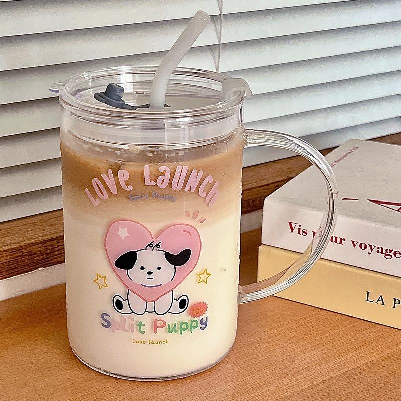 Bolimei High-value Large-capacity Glass Straw Cup Student Dormitory Drinking Water Cup Cartoon Love Dog Glass Cup