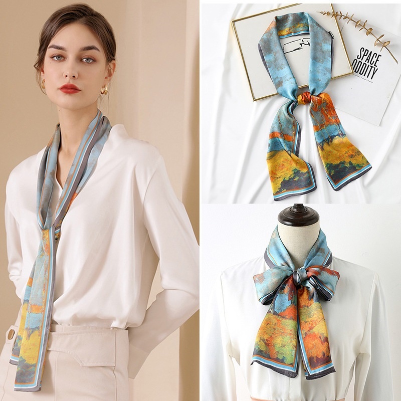 Long Silk Scarf For Women Summer Small Silk Scarf Printed Imitation Silk Tied Bag Ribbon Sweet Small Scarf