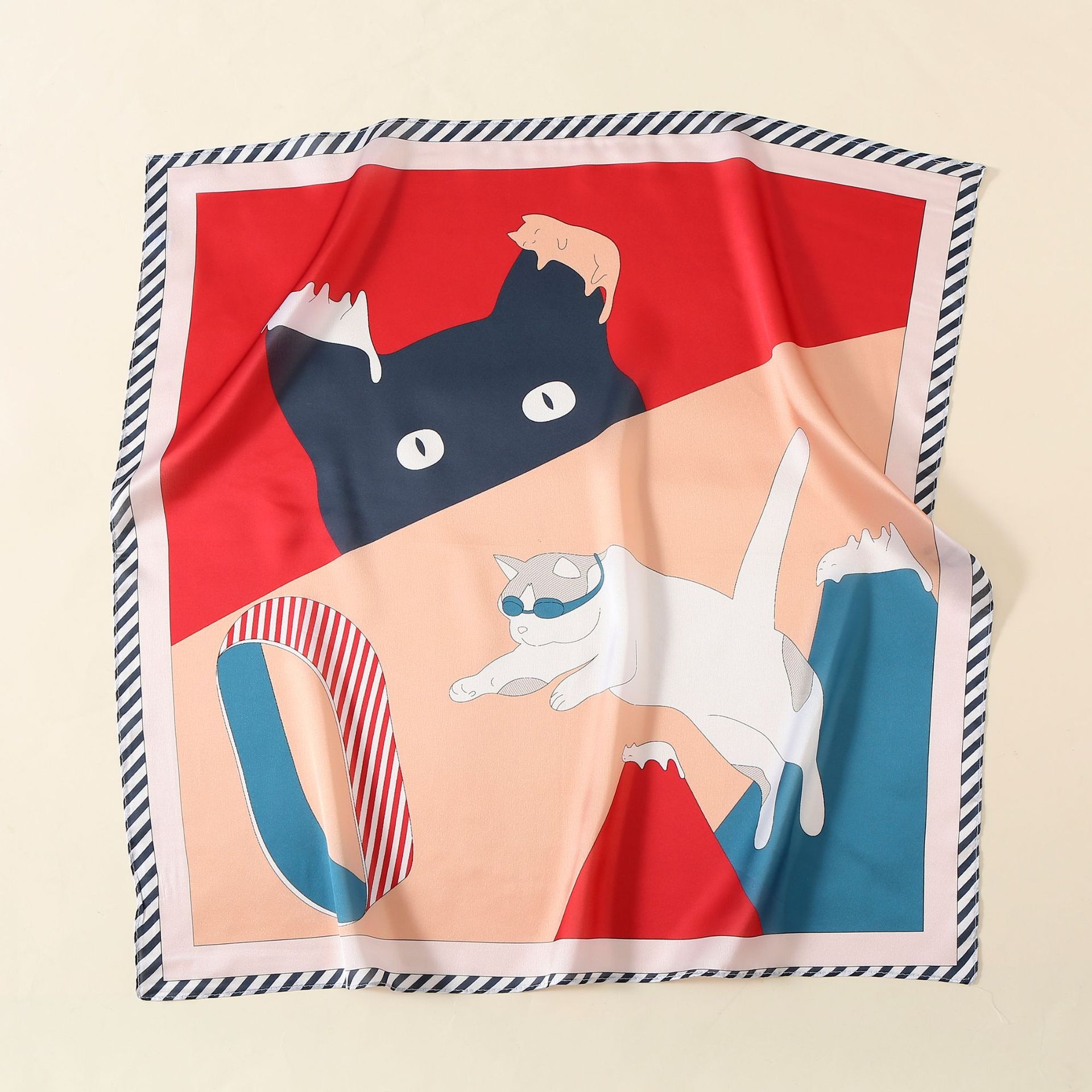 Temperament Fashion Cartoon Silk Scarf Women's Small Square Scarf Summer Thin Imitation Silk Decorative Scarf Satin Tied Bag