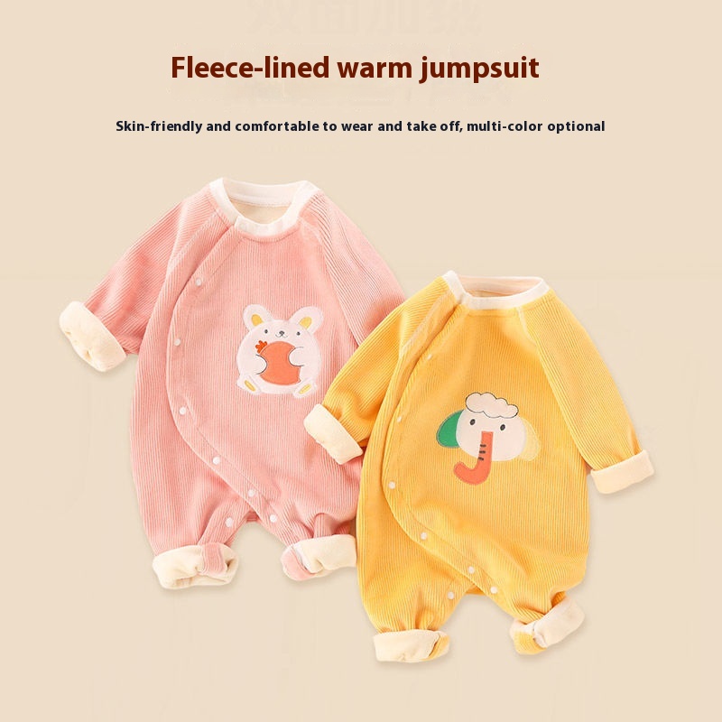 Baby Double-sided Fleece Jumpsuit Spring And Autumn Baby Warm Crawling Clothes Thick Boneless A-class Cartoon Spring Super Cute Romper