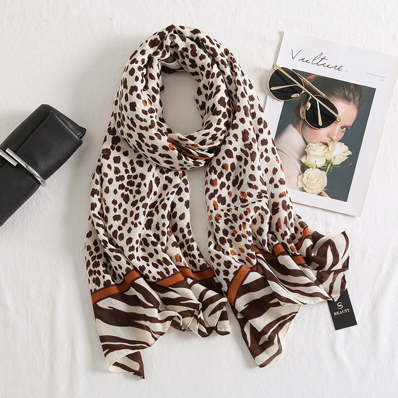 Korean Thin All-match Color Matching Leopard Print Cotton And Linen Scarf Female Summer Air-conditioned Room Dual-use Long Shawl