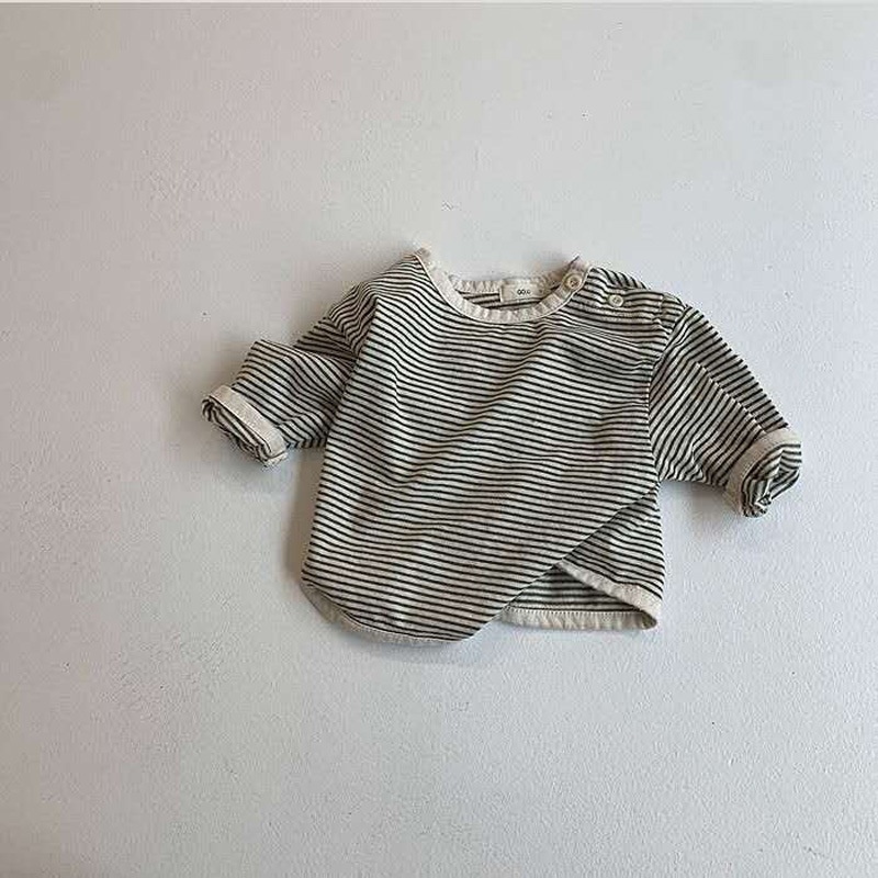 Infant Soft Striped T-shirt Male And Female Baby Shoulder Buckle Round Neck Bottoming Shirt Foreign Style Top Korean Spring And Autumn