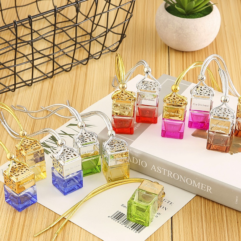Car Perfume Bottle Pendant Gold And Silver Hollow Square Glass Empty Bottle Essential Oil Bottle Men And Women Car Hanging Gift