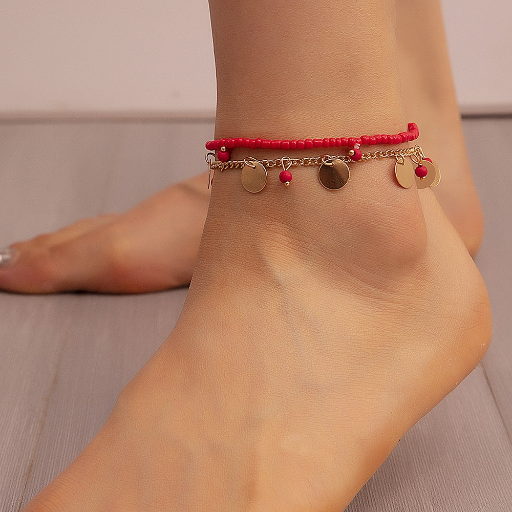 FZ0044 European And American Beach Anklet Set Female Fashion Simple Metal Sequin Millet Bead Foot Ornaments
