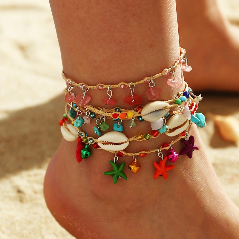 European And American Fashion Accessories Beach Style Starfish Shell Anklet Women's Woven Raffia Colored Gravel Foot Ornaments