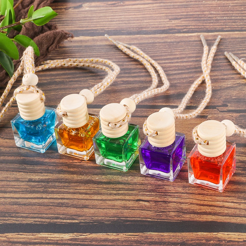 Car Perfume Bottle Pendant Glass Empty Bottle Wooden DIYBottle Cap Square Water Cube Small Gift