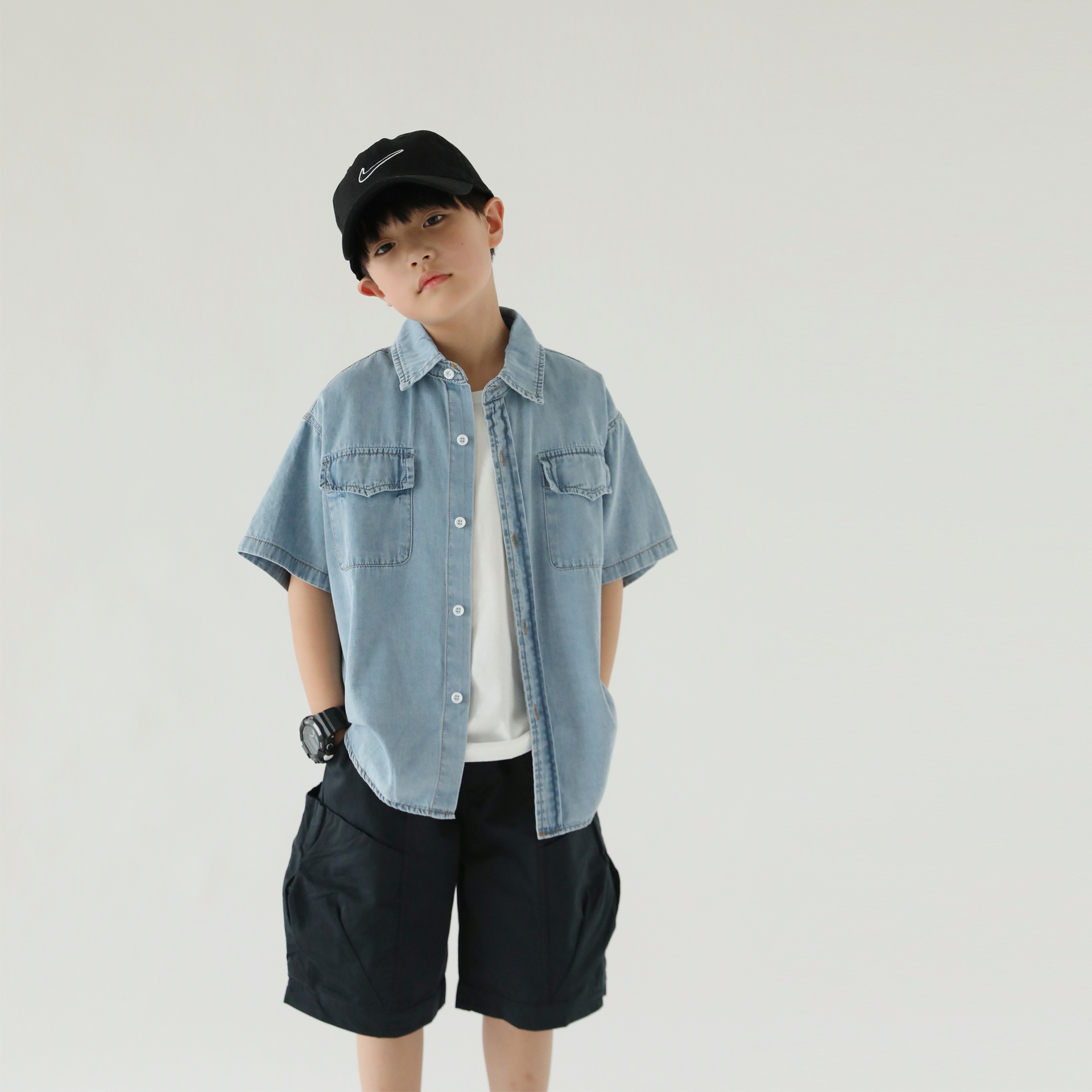 Summer Arrival Boys Casual Handsome Short-sleeved Shirt Children's Tencel Denim Stylish Shirt Light And Breathable