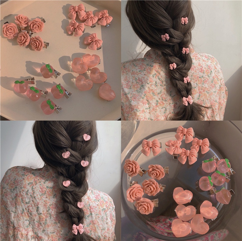 Super Sweet Pink Hairpin Series!Girls'Bow Peach Camellia Peach Heart Clip Hair Accessories Headdress
