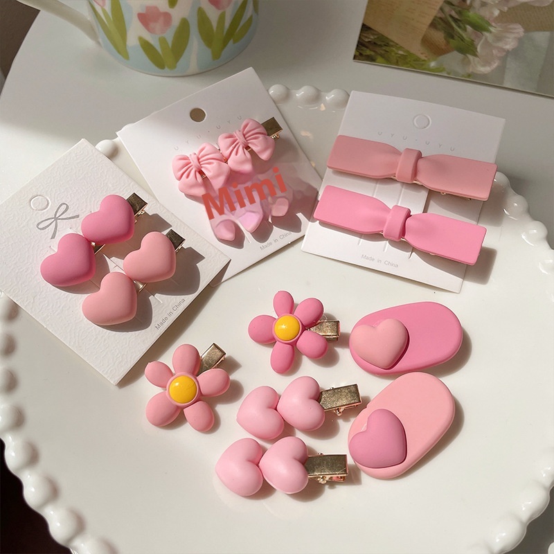 Cute Girly Sweet Pink Love Hairpin Flower Hairpin Versatile Bow Edge Clip Hair Accessories