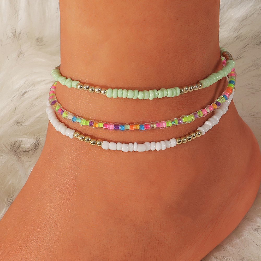 FZ0255 Naizhu Bohemian Ethnic Style Transparent Contrast Color Rice Bead Anklet Multi-layer Elastic Rope Foot Ornaments