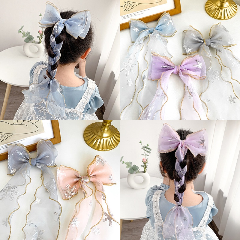Children's Ponytail Headdress Ice And Snow Bow Ribbon Braided Mesh Hairpin Love Yarn Princess Hair Accessories Girl Headband