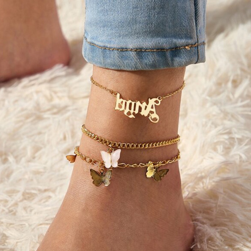 FZ0119 European And American Jewelry Personality Multi-layer Letter Angel Foot Ornaments Temperament Pink Butterfly Anklet