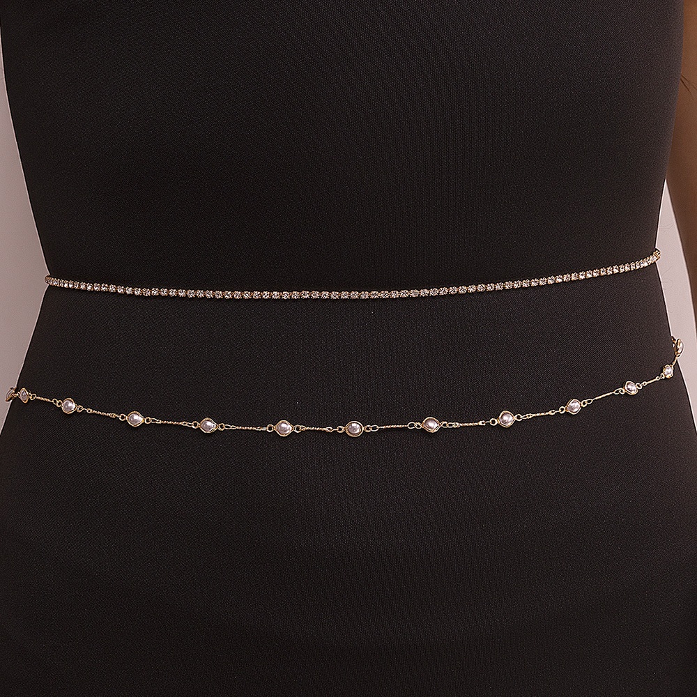 DZ0355je European And American Sexy Simple Metal Chain Female Rhinestone Pearl Hot Girl Sexy Body Chain