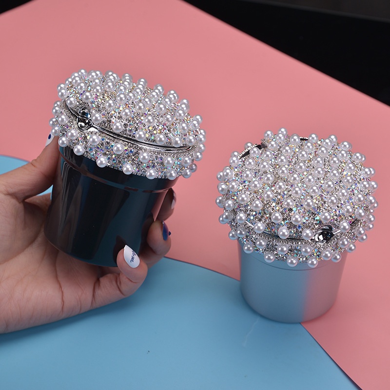 Car Ashtray Girls Car Interior Accessories Creative Diamond Car Supplies Pearl Ashtray LEDLight
