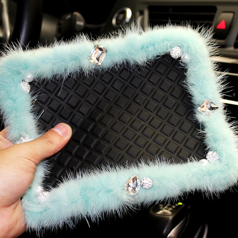 Car Center Console Mink Fur Anti-slip Mat Car Dashboard Ornaments Storage Mat Diamond Inlaid Women