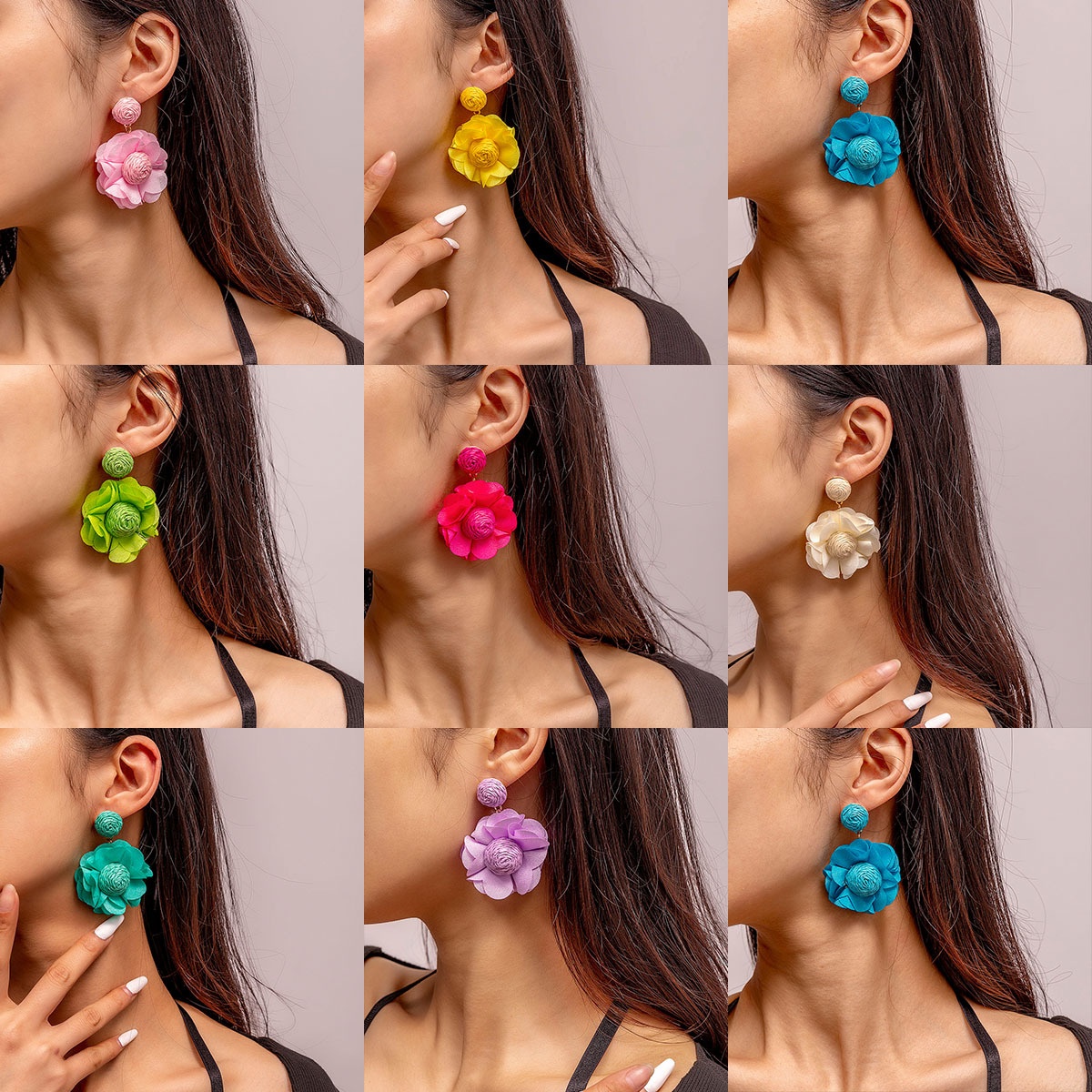 EZ4804 European And American Fabric Flower Handmade Earrings Raffia Earrings Female Elegant Flower Jewelry Female