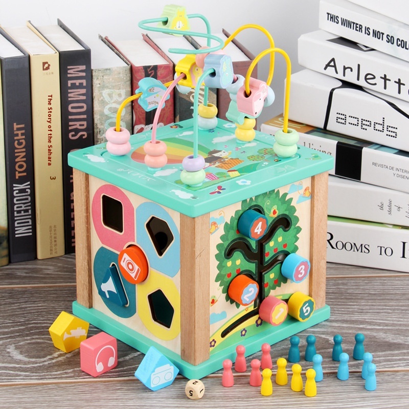 Multifunctional Wooden Beaded Treasure Box Shape Early Childhood Education Intelligence1-3-6 Years Old Infant Baby Beaded Toys