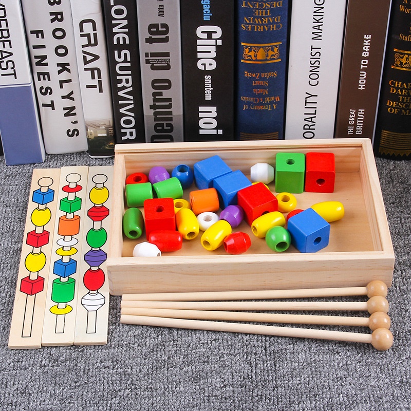 Wooden Geometric Shape Building Blocks Cognitive Toys Threading Wooden Threading Rope Game Children's Educational Beading