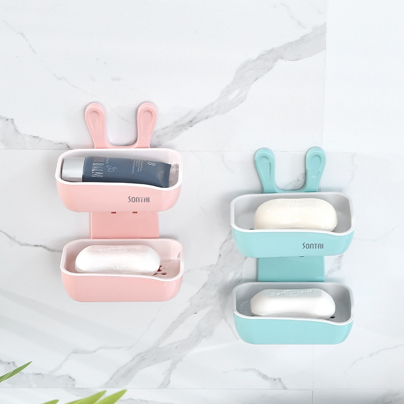 Fashionable And Creative Little White Rabbit Double-layer Soap Box,Simple And Convenient,Punch-free And Traceless,Home Bathroom Soap Box