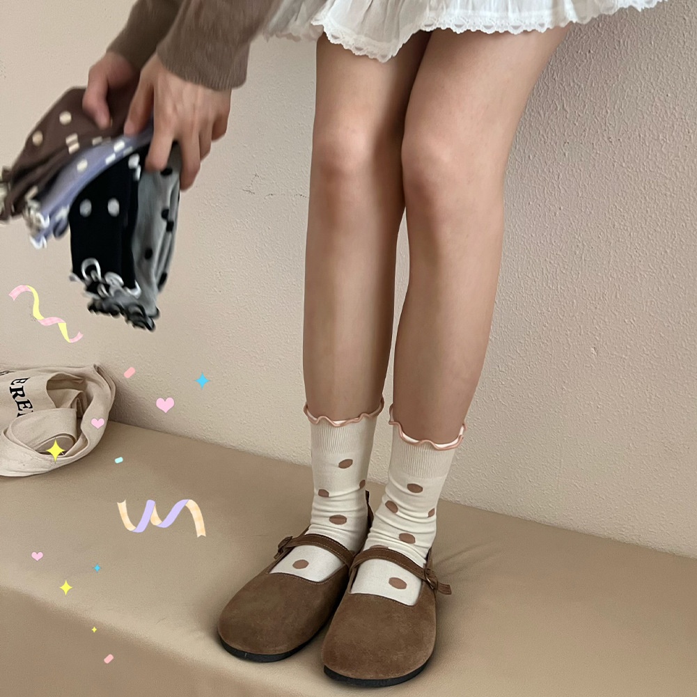 Korean Style Wood Ear Polka Dot Socks Women's Mid-tube Socks Autumn Cotton Girl Temperament All-match Polka Dot Pile Socks