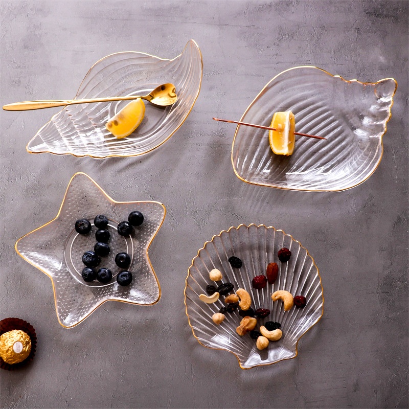 Creative Gold-rimmed Transparent Glass Plate Ocean Series Plate Bowl Tableware Set Fruit Plate Snack Dessert Cake Plate